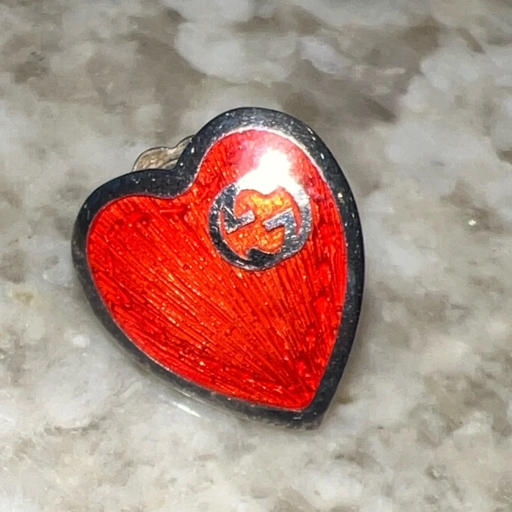 Gucci .925 Interlocking G Red Enamel Heart Stud Earrings 100% Authentic - Picture 5 of 7